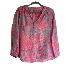 Lilly Pulitzer Elsa Silk Pullover Blouse Pink Long Sleeve Smocked Neckline XS